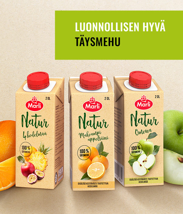 Marli Natur 100 % täysmehut annospakkauksissa
