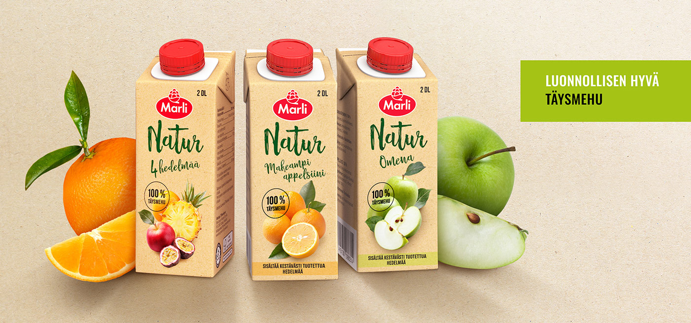 Marli Natur 100 % täysmehut annospakkauksissa
